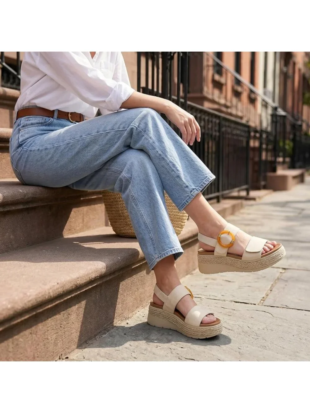 Women's Beige Comfortable Solid Espadrille Low Wedge Heel Platform Sandal Shoes